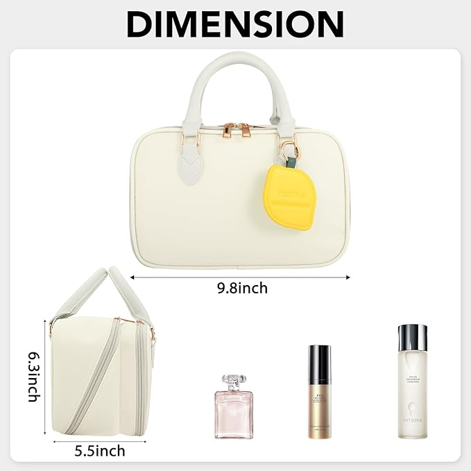 Travel Makeup Bag for Women Fashion Large Capacity Pouch Open Flat Cosmetic Portable Organizer Waterproof Large Opening Storage Toiletry Bags Vertical Free-Standing Brush Holder for Easy Access Beige