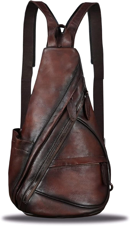 Genuine Leather Sling Bag for Men and Women - Vintage Sling Backpack Shoulder Crossbody Chest Bag for Ipad