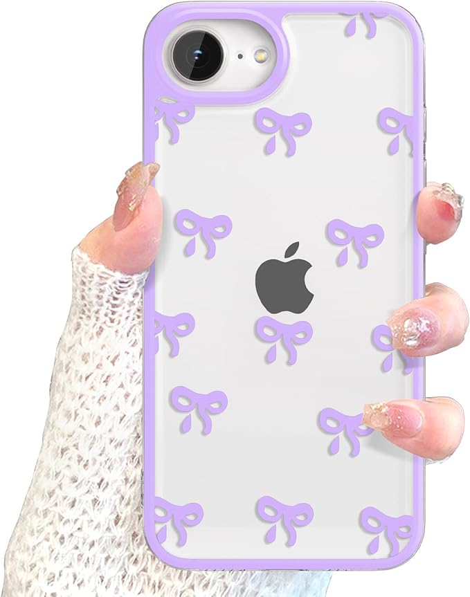 EYZUTAK Case for iPhone 16e, Clear Cute Ribbon Bowknot Pattern Aesthetic Transparent Phone Case Raised Camera Protection Stylish Slim Soft Durable TPU Protective Cover for Women Girls - Purple