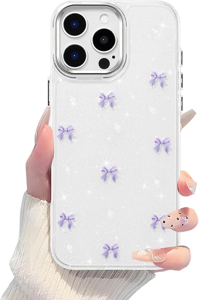 EYZUTAK Case for iPhone 16 Pro Max, Bling Glitter 3D Bowknot Phone Case Cute Sparkly Crystal Clear Bow Aesthetic Case Slim Soft Durable TPU Transparent Protective Cover for Women Girl-Purple Bow