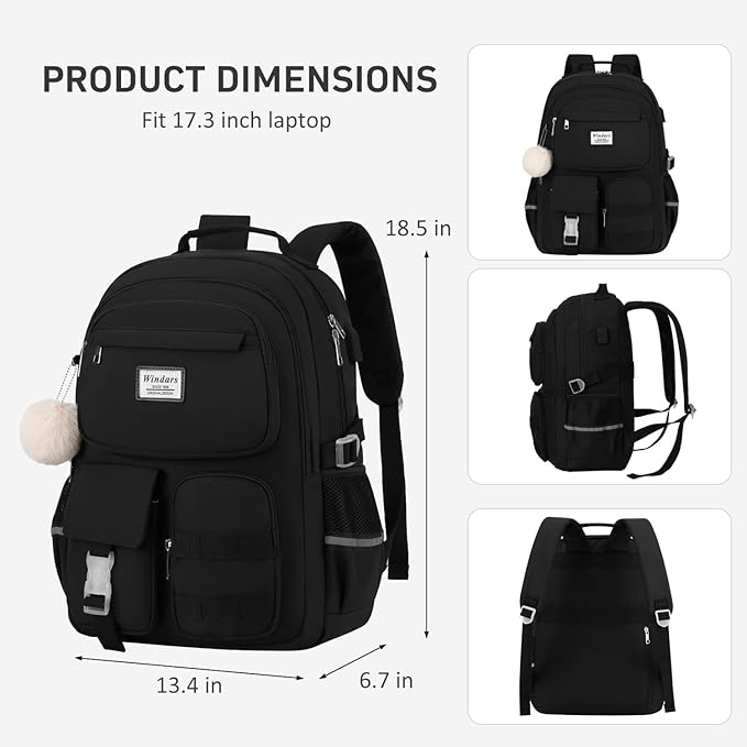 School Backpack for Teen Girls, Cute Laptop Backpack for Women Students, Large Middle High School Bags Aesthetic Bookbag for College Travel Fit 17.3 Inch Laptop (Black)