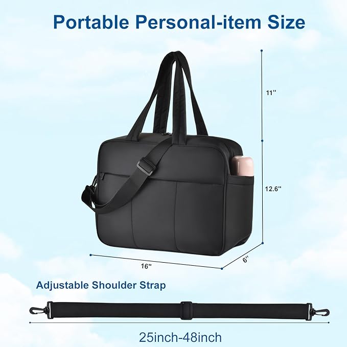 Felipe Varela Puffer Travel Duffle Bag, Gym Bag for Women with Shoe Compartment, Lightweight Tote Weekender Overnight Carry on Duffel Bags for Travel, Airplanes (Black,19L)