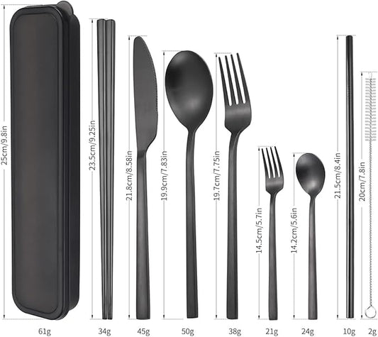 AARAINBOW 6 Pieces Stainless Steel Flatware Set Portable Reusable Cutlery Set Travel Utensils Set Including Chopsticks Knife Fork Spoon Straws Cleaning Brush Dishwasher Safe (B-Black)