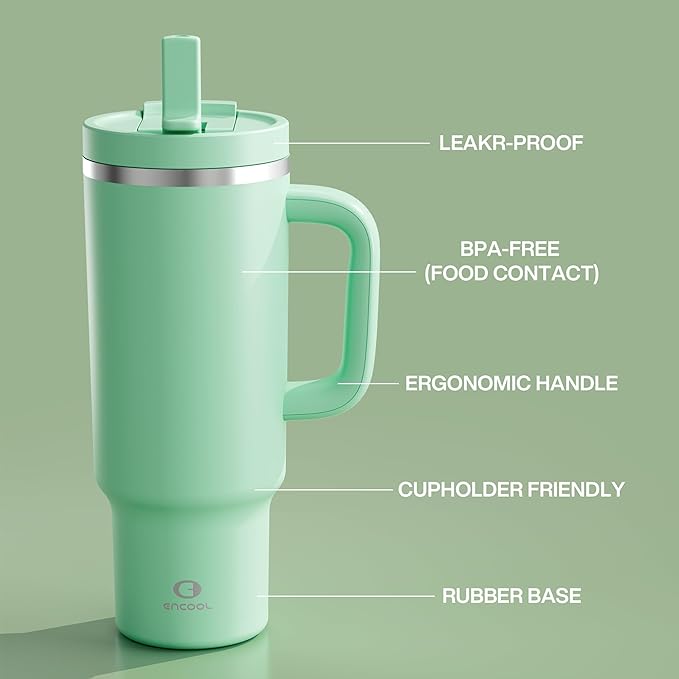 40 oz Tumbler with Handle and Straw: Stainless Steel Insulated Tumbler Keeps Cold for 24 Hours, Leakproof Travel Cup Fits in Cup Holder and BPA-Free, Brook Green