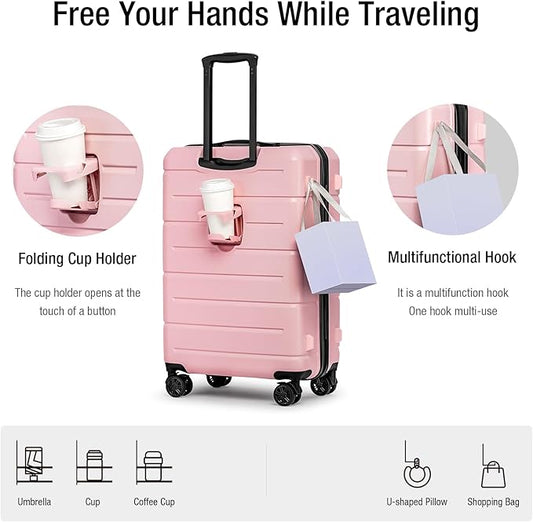 KYME 26 Inch Luggage TSA Approved Hard Shell Suitcases with Spinner Wheels Durable Medium Travel Checked Luggage with Cup Holder for Women Men Pink