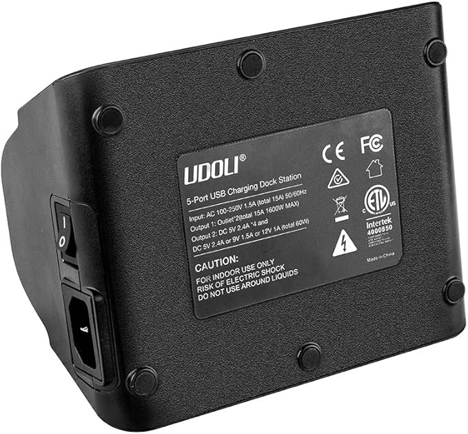 5 USB Ports Charging Station Organizer for Multiple Devices Fast Charging Desktop Stand for Apple Android Phone Tablet 1600W 2 AC Power Outlets Charger Dock for Home Office 3 Prong Cord Black