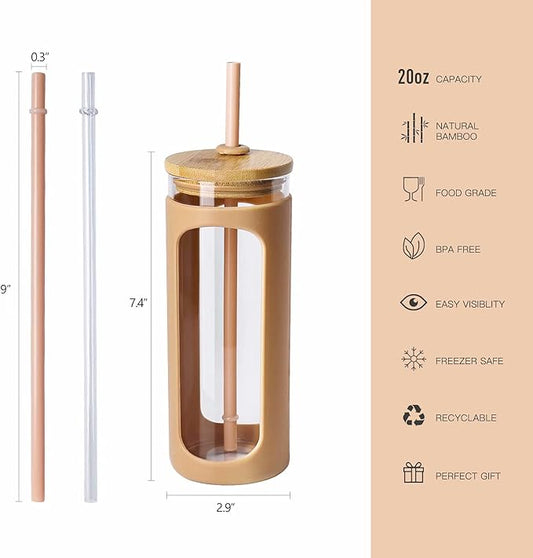 Kodrine 20oz Glass Water Tumbler with Straw and Lid, Bamboo Lids Water Bottle, Iced Coffee Cup Reusable, Wide Mouth Smoothie Cups with Protective Silicone Sleeve BPA FREE-Amber