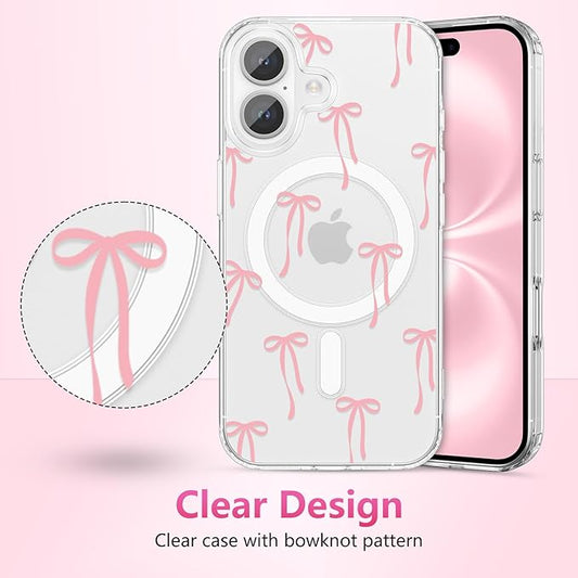 ZTOFERA for iPhone 16 Plus Magnetic Case Clear,Cute Love Heart Ribbon Bow Tie Aesthetic Phone Case,Transparent Trendy Slim Soft Shockproof Protective Phone Cover for Women Girls,Pastel Pink