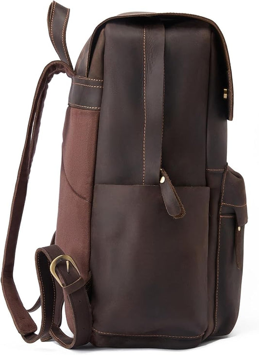 Leather Rucksack Backpack for Men Women Casual Travel Daypack 15.6 inch Laptop Bookbag Dark Brown