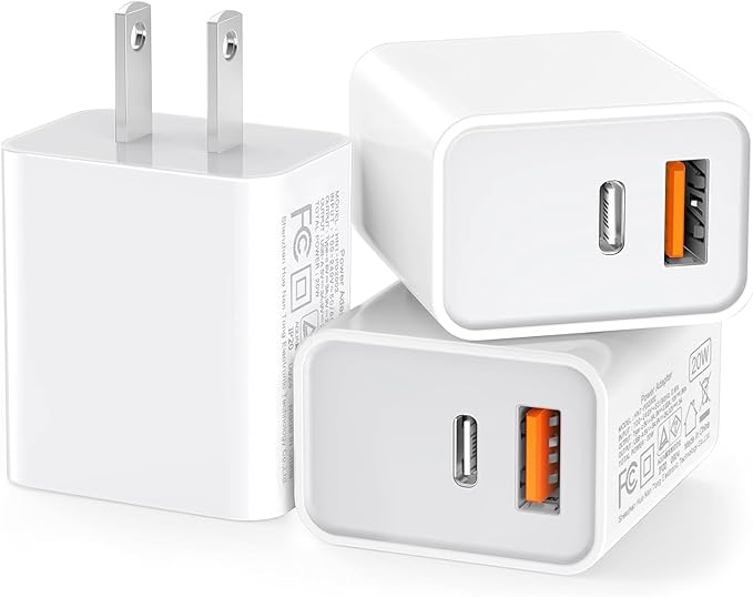 3 Pack USB C Wall Charger, 20W Durable Dual Port QC+PD 3.0 Power Adapter, Double Fast Plug Charging Block for iPhone 13/14/15/16/16 Pro/Pro Max/Plus, XS/XR/X, Watch Series 8/7 Cube,White