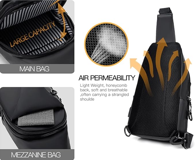 Waterproof Sling Bags Mens Shoulder Crossbody Backpack with USB Charging Port& Headphone,Outdoor Lightweight Bag