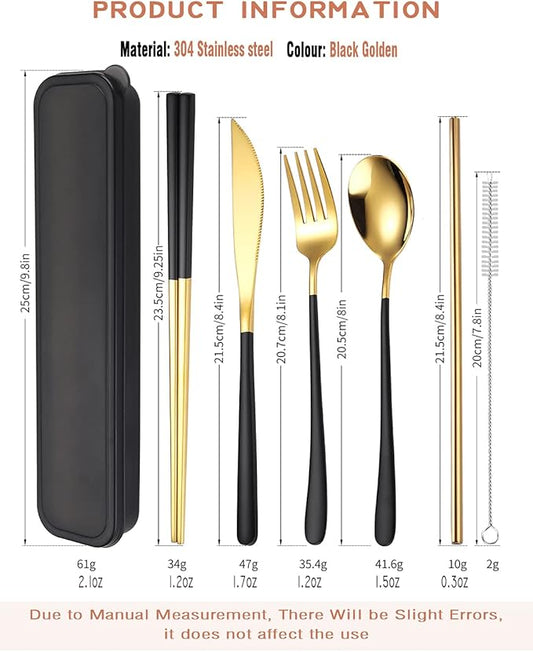 AARAINBOW 6 Pieces 18/8 Stainless Steel Flatware Set Portable Reusable Cutlery Set Travel Utensils Set Including Chopsticks Knife Fork Spoon Straws Cleaning Brush Dishwasher Safe (Black golden)