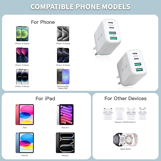 USB C Charger Fast Charging Block,2 Pack 40W PD 4 Port USB C Charger Block Dual Type C Power Adapter+Dual USB-A QC Wall Charging Plug Multiport Brick for iPhone 16/15/14/13/12/11/iPad Pro/Air/Airpods
