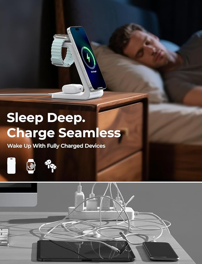 3 in 1 Wireless Charging Station for Apple Mag Safe Charger, 15W Fast Mag-Safe Charger Stand Compatible with iPhone 17 16 15 14 13 12, Apple Watch Charger & Airpods, Gifts for Wife & Husband, White