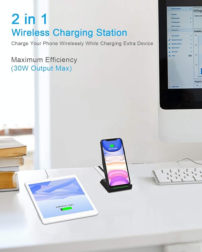 Nanami 2 in 1 Wireless Charger,Equipped with PD 30W Adapter,Qi Certified Fast Charging Stand with USB-A Port Compatible iPhone 16/15/14/13/12/11,Phone Charger for Samsung Galaxy S25/S24/S23/S22/S21