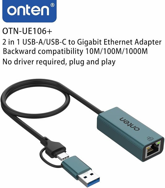 USB-A and USB-C to Ethernet Adapter,Driver Free RJ45 to USB C or USB A, Gigabit Ethernet LAN Network Adapter for Windows,Mac OS, iOS and More