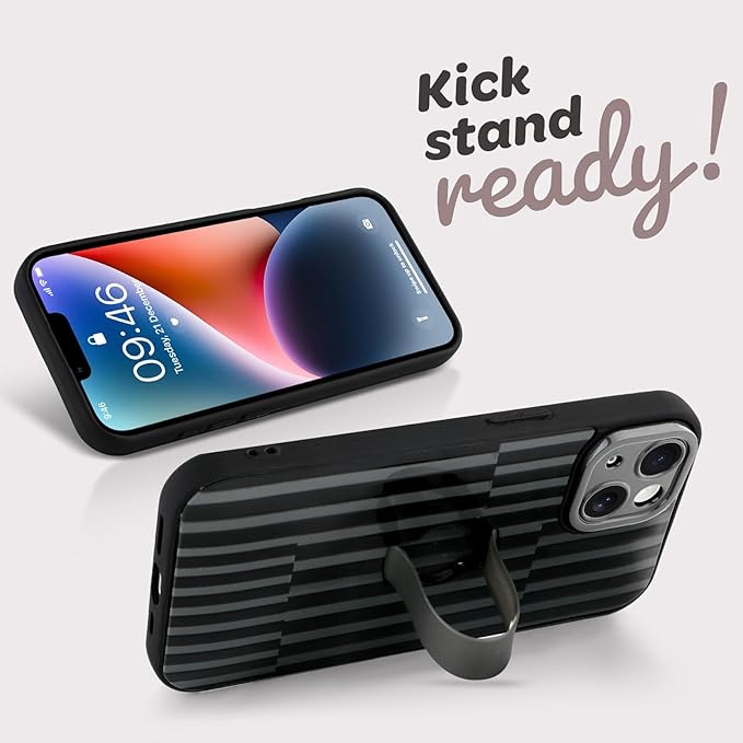 Compatible with iPhone 14 Case with Finger Hand Strap Kickstand, Trendy Cool Striped Phone Case for Women Men, Full Camera Protection Shockproof Protective Cover, Black Stripes