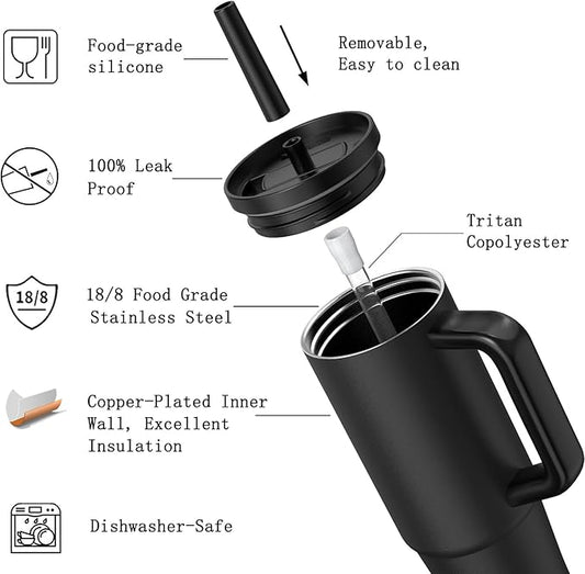 TILUCK 30 oz Tumbler with Handle, Vacuum Insulated Stainless Steel Travel Mug with 100% Leak-Proof Silicone Straw Lid, Cupholder Friendly Water Bottle(MidnightBlack, 30oz)