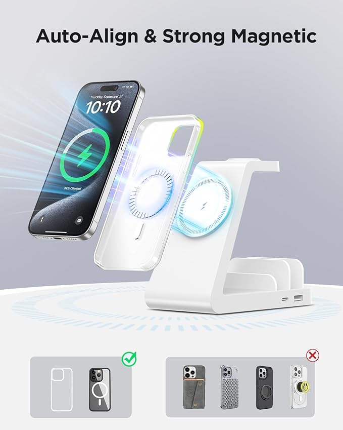 Charging Station for iPhone,5 in 1 Wireless Charger Stand Dock for Apple: Mag-Safe Charging Station for Multiple Devices Apple iPhone 16 15 14 13 12 Pro Max Plus Apple Watch iWatch Magnetic(White)