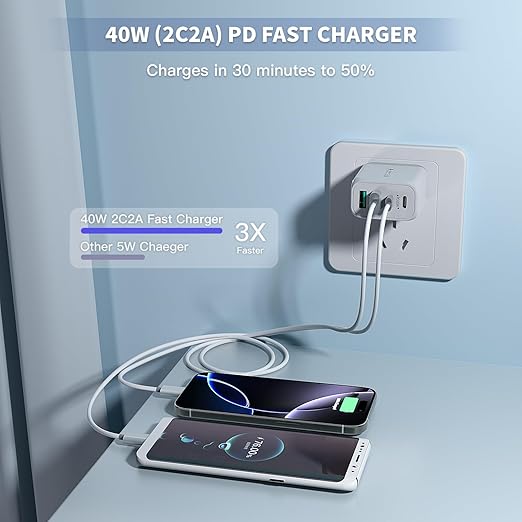 USB C Charger Fast Charging Block,2 Pack 40W PD 4 Port USB C Charger Block Dual Type C Power Adapter+Dual USB-A QC Wall Charging Plug Multiport Brick for iPhone 16/15/14/13/12/11/iPad Pro/Air/Airpods