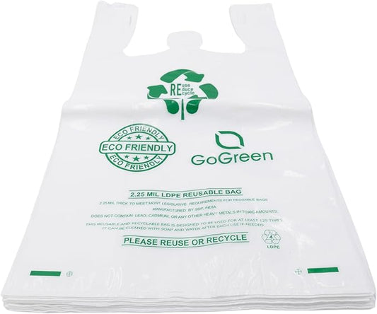 White Reusable/Eco-Friendly LDPE T-Shirt - Super Jumbo 20"x10"x36" - 100 Bags - 57 Micron (2.25 mil) - White - WHLD225MREUSE201036 - AssurePak