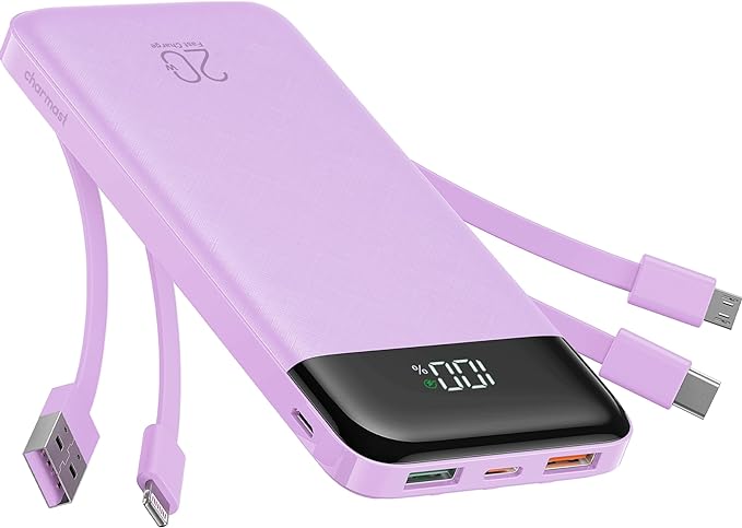 charmast 20000mAh Portable Charger with Built in Cables, 22.5W Travel Power Bank Fast Charging, USB C Cell Phone Battery Pack for iPhone 16/15/14/13/12/11 Series, iPad, Samsung, Android, Tablet
