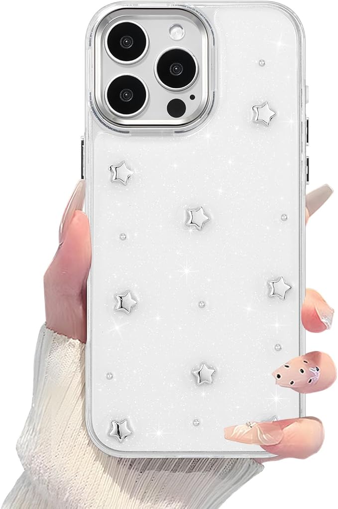 EYZUTAK Case for iPhone 15 Pro, Bling Glitter 3D Stars Phone Case Cute Sparkly Crystal Clear Star Aesthetic Design Case Slim Soft Durable TPU Transparent Protective Cover for Women Girls - Star