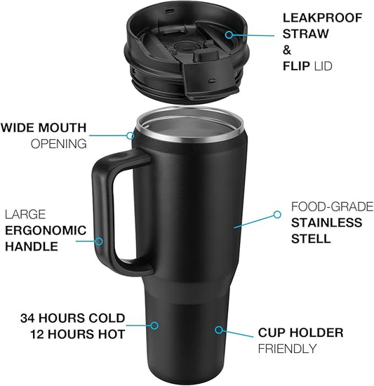 50 oz Tumbler with Handle, Insulated Tumblers with Lid and Straw, Large Metal Sports Water Bottle Jug, Thermal Stainless Steel Travel Coffee Mug Cup, Black