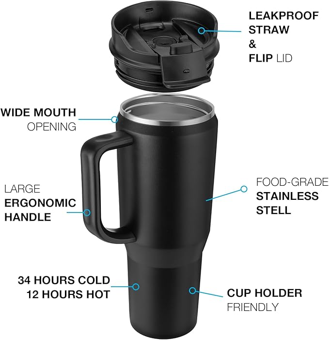 40 oz Tumbler with Handle, Insulated Tumblers with Lid and Straw, Large Metal Sports Water Bottle Jug, Thermal Stainless Steel Travel Coffee Mug Cup, Almond Birch