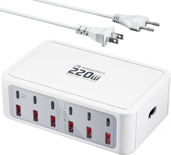 12-Ports Multiple USB C Fast Charging Station, 220W GaN Charger Hub with European Travel Plug, PD 65W Laptop Charger for MacBook iPad iPhone Google Pixelbook Dell XPS Galaxy Steam Deck - White