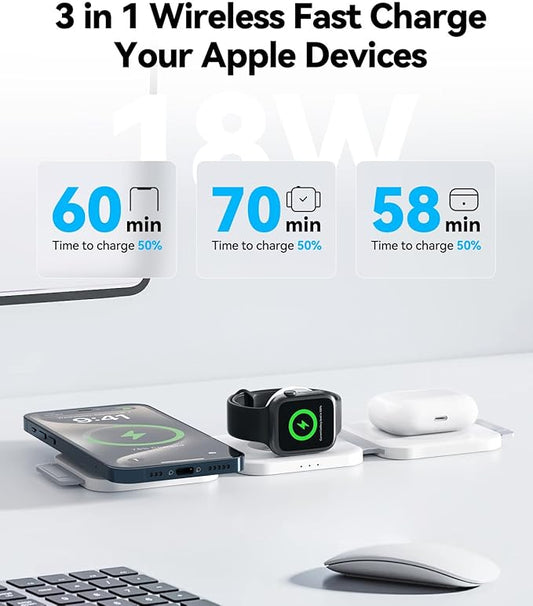 3 in 1 Charging Station for Apple Multiple Devices, Foldable Magnetic Fast Wireless Charger Dock, Travel Charging Pad for iPhone 17 16 15 14 13 12 Pro Max Plus Apple Watch Series & AirPods 4/3/2/Pro