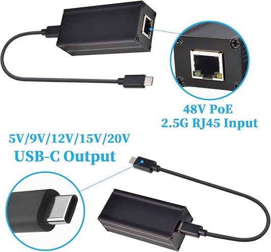 2.5G 25W PoE to USB-C Converter Adapter, Type-C Output Power & Ethernet 2 in 1, Max 20V 25W Charging & 2.5Gbps Rate for Laptop, Plug & Play (2.5GPD2CAT-20V)