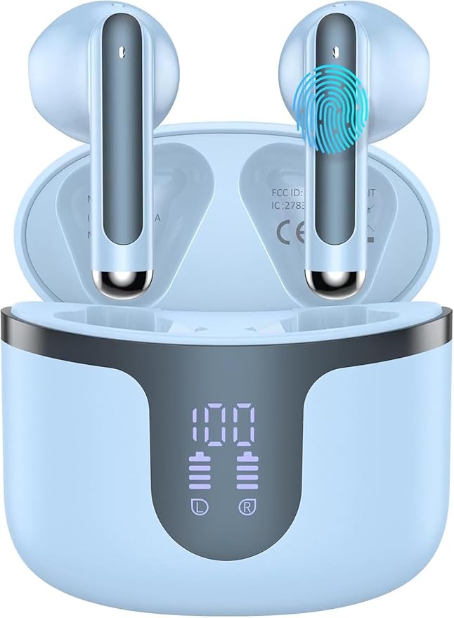 Wireless Earbuds, 2025 Bluetooth 5.3 Headphones HiFi Stereo 50H Playback Ear Buds with Led Digital Display,Light Blue