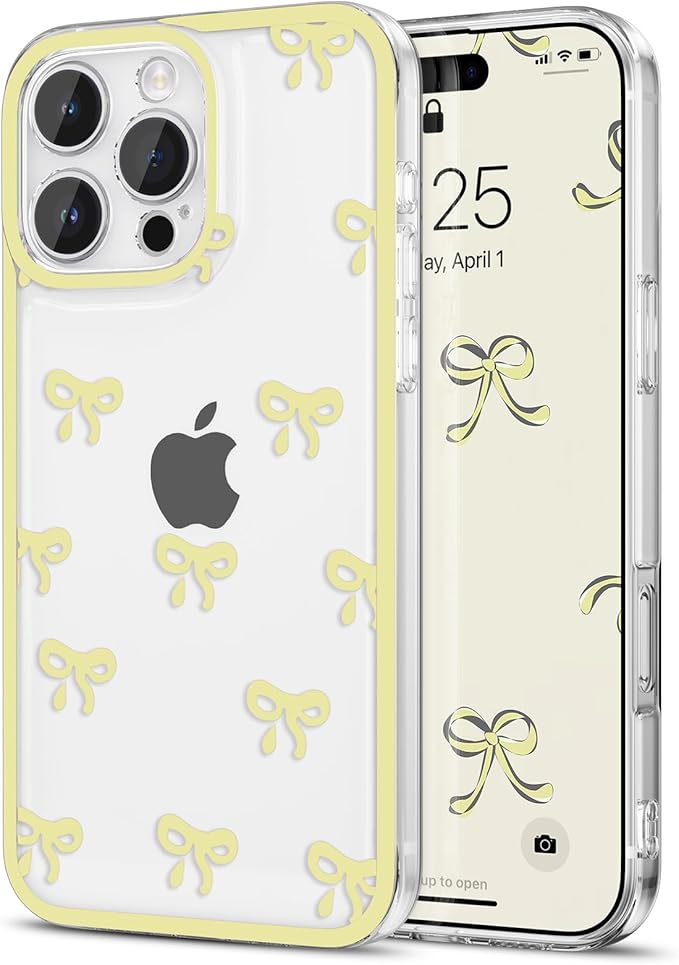 EYZUTAK Case for iPhone 16 Pro, Clear Cute Ribbon Bowknot Pattern Aesthetic Transparent Phone Case Raised Camera Protection Stylish Slim Soft Durable TPU Protective Cover for Women Girls - Yellow