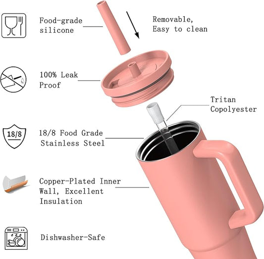 TILUCK 30 oz Tumbler with Handle, Vacuum Insulated Stainless Steel Travel Mug with 100% Leak-Proof Silicone Straw Lid, Cupholder Friendly Water Bottle(CoralRed, 30oz)