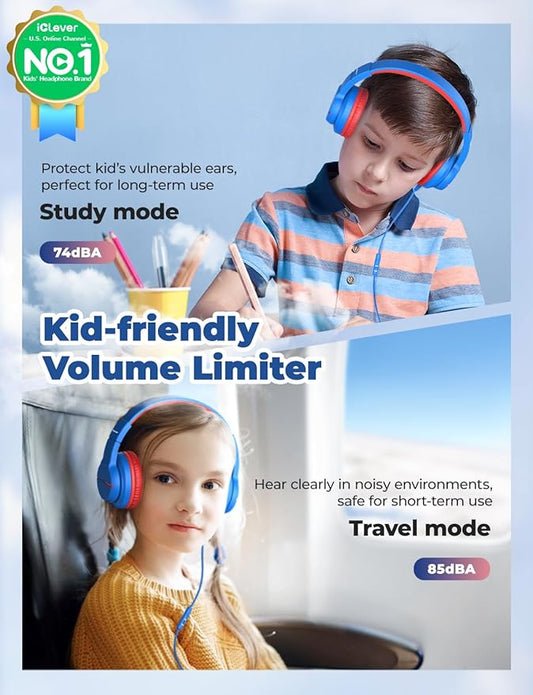 iClever Kids Headphones for School Travel, Safe Volume Limited, HD Mic Stereo Sound Over-Ear Girls Boys Headphones for Kid, FunShare Foldable 3.5mm Wired for iPad Computer, HS19