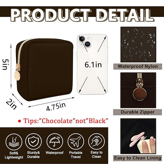 Mini Makeup Pouch for Purse, Small Cosmetic Bag Pouch Nylon Travel Toiletry Organizers Bag for Women Girls, Cute Zipper Coin Purse Preppy Storage Purse for School Work(Mini-Chocolate)