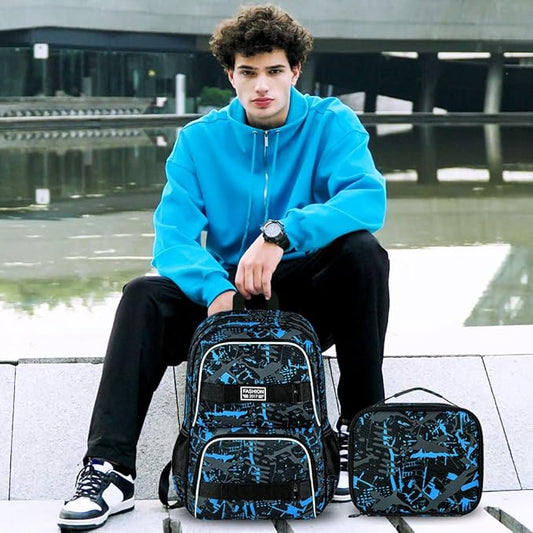 17 Inches Backpack for Boys Men, 3Pcs College Laptop Backpacks with Lunch Bag, Water Resistant Graffiti School Bookbag Set for Teens Students(Blue)