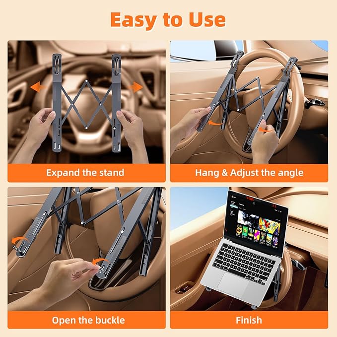 Foldable Car Laptop Holder, Adjustable Car Laptop Mount for Steering Wheel Tray Holder, Metal Notebook stand| Car Reading Stand | Car Tablet Holder, Multipurpose Travel Car Accessories-Gray