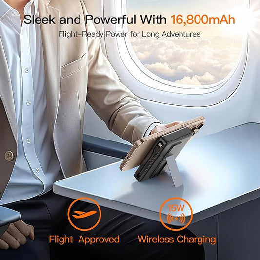 2025 Magnetic Battery Pack 16800mAh Mobile Power Bank, Portable Charger with Foldable Stand and Built-in Cable, 20W USB-C Fast Charging, Suitable for iPhone 17/16/15/14/13/12 Series