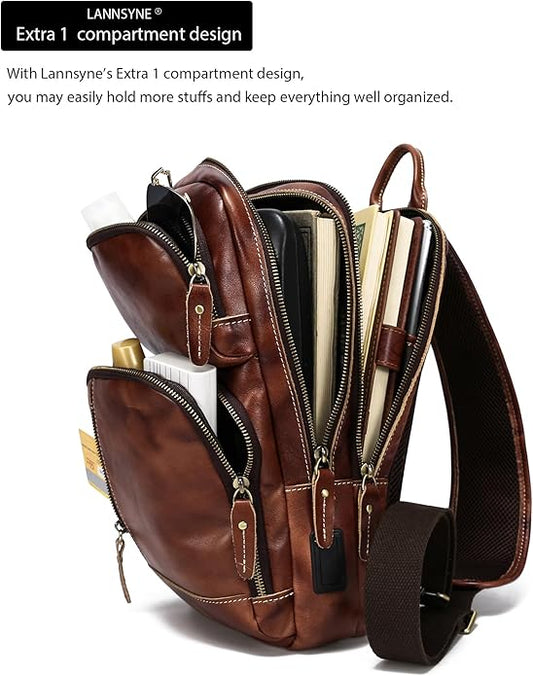 LANNSYNE Full Grain Leather Sling Bag For Men Crossbody Chest Daypack fits 10.5" iPad