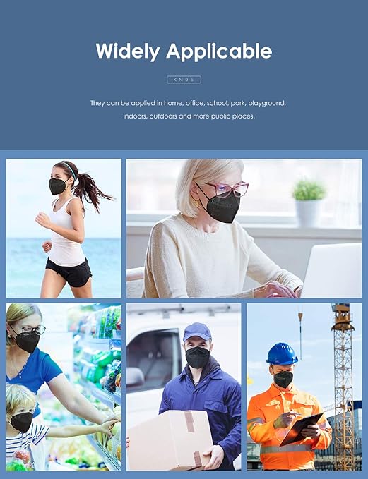 HUHETA KN95 Face Mask 20 Packs, 5 Layer Safety Mask with Elastic Ear Loop and Nose Bridge Clip, Filter Efficiency Over 95%, Protective Masks for Indoor and Outdoor Use (Black Mask)