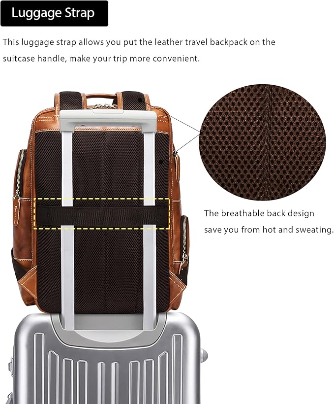 LANNSYNE Vintage Genuine Leather Backpack for Men, 15.6" Laptop Backpack Camping Travel 24L Rucksack