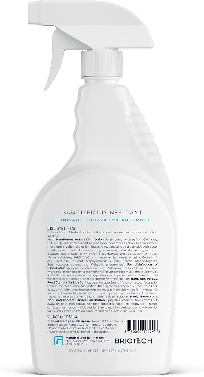 BRIOTECH Sanitizer Disinfectant Hypochlorous Spray, Kills 99.99% of Viruses & Bacteria, Eliminates Odor, Gentle for Nurseries & Play Rooms, Rinse Free Surface Sanitizer, 32 fl oz (Pack of 2)