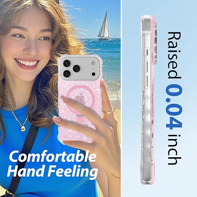 Magnetic for iPhone 17 Pro Case with Invisible Stand, Compatible with MagSafe, Clear Bling Sparkle Shockproof Slim Anti-Slip Military Drop Protection Hard Phone Case 6.3" Glitter Pink