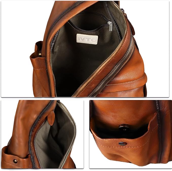 Genuine Leather Sling Bag for Men and Women - Vintage Sling Backpack Shoulder Crossbody Chest Bag for Ipad
