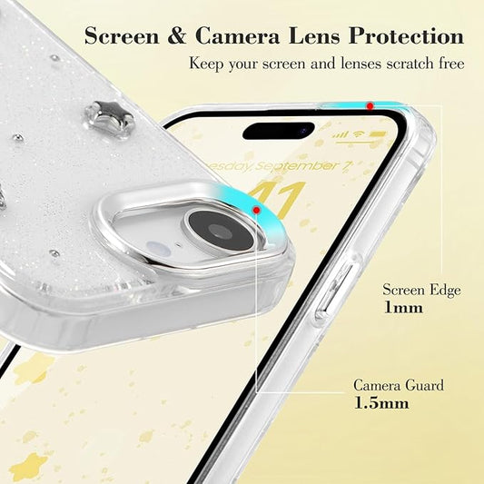 EYZUTAK Case for iPhone 16e, Bling Glitter 3D Stars Phone Case Cute Sparkly Crystal Clear Star Aesthetic Design Cover Slim Soft Durable TPU Transparent Protective Cover for Women Girls - Star