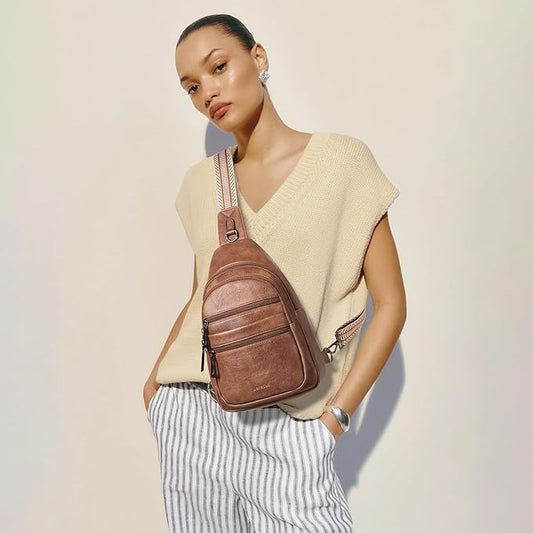 Sling Bag for Women Crossbody Bags Fanny Packs Over Shoulder Bag Sling Purse Backpack Vegan Leather Travel Brown