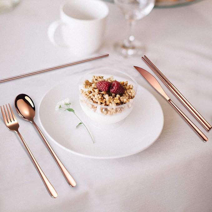 AARAINBOW 6 Pieces 18/8 Stainless Steel Flatware Set Portable Reusable Cutlery Set Travel Utensils Set Including Chopsticks Knife Fork Spoon Straws Cleaning Brush Dishwasher Safe (Rose Gold)