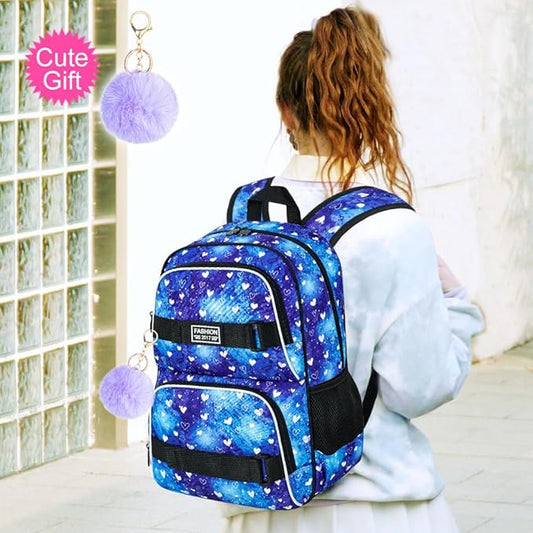 17 Inches Girls Backpack, 3Pcs Love Laptop Backpacks with Lunch Bag, Water Resistant College School Bookbag Set for Teens Students(Blue)